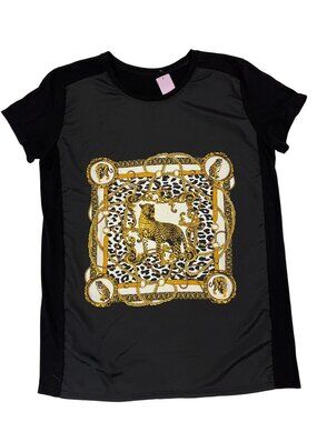 Yellow Gold Baroque Animalier Print T-Shirt Leopard Chain Short Sleeve Black